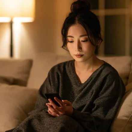 夜にソファでスマートフォンを見る女性