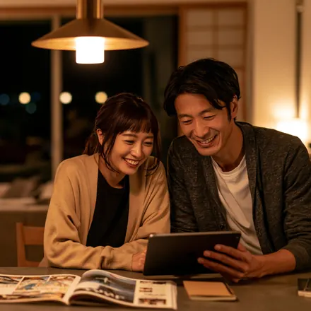 夜に自宅で一緒にタブレットを見る夫婦